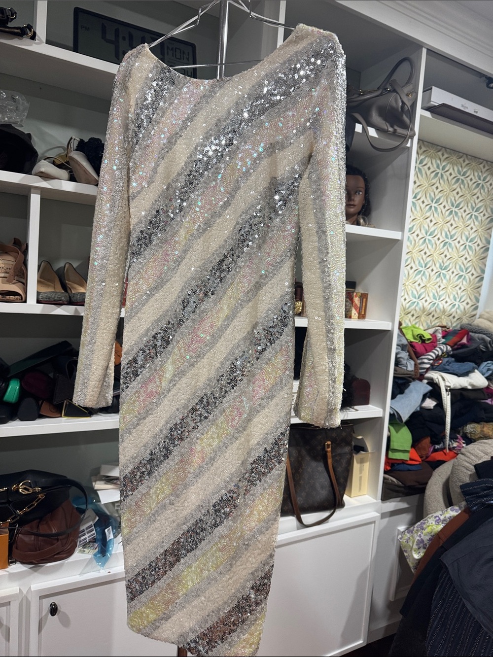 Dress the Population Ivory Multicolor Sequin Diagonal Stripe Long Sleeve Dress
